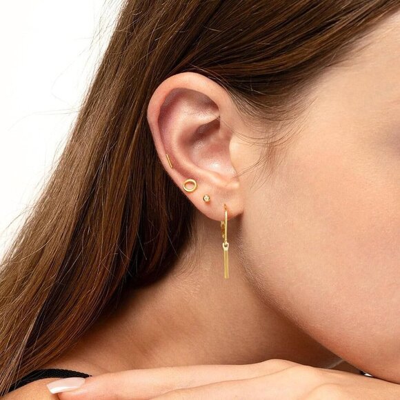 14K Dainty Gold- Bar Leverback Dangle Drop Hypoallergenic Earring for Women - Picture 5 of 7